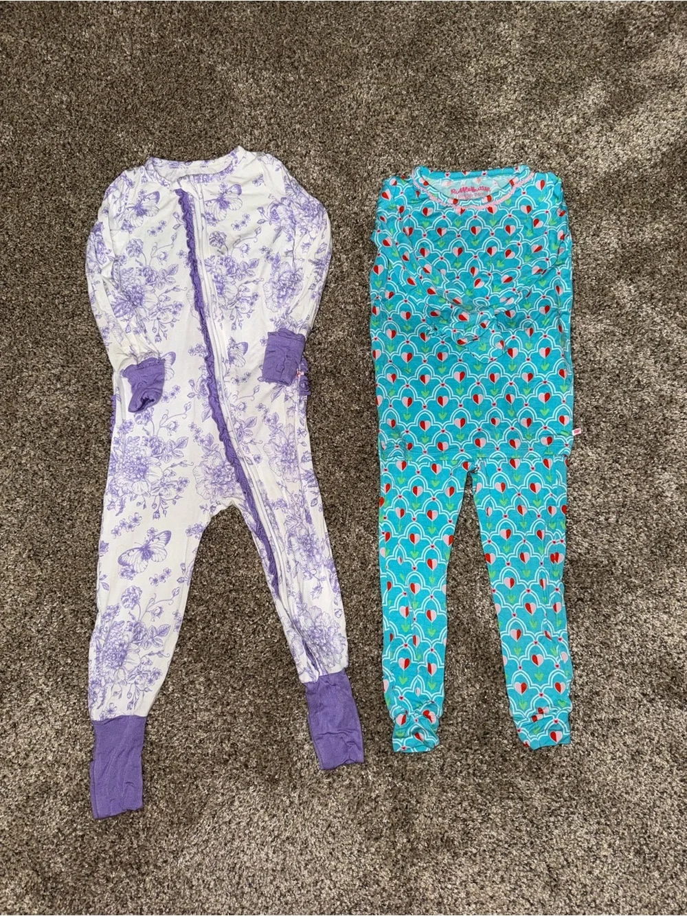 Ruffle Butts Purple Floral & Teal Pattern Footed Baby One-Pieces (2)